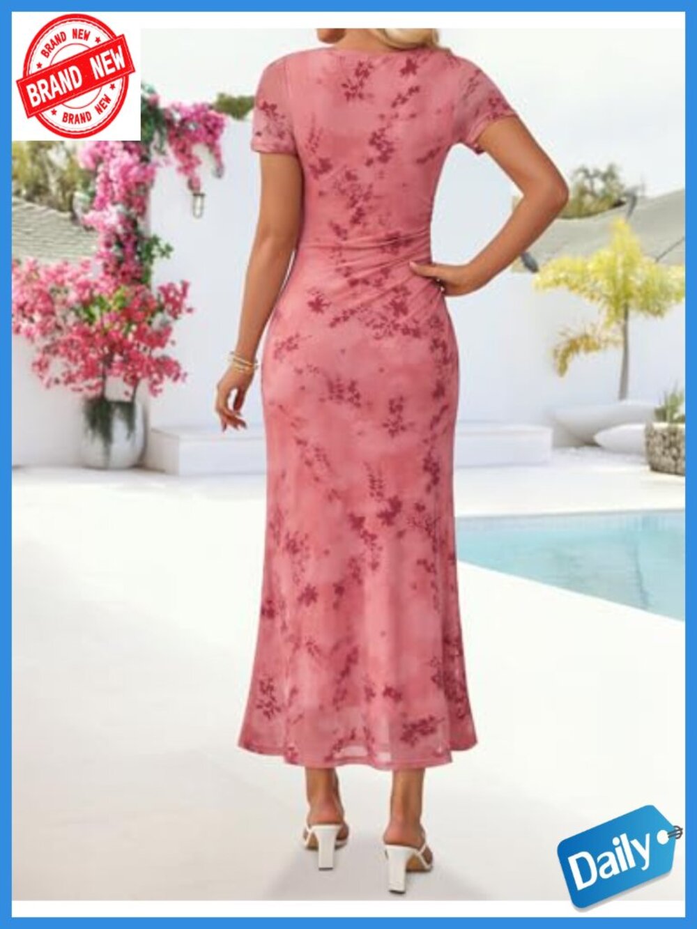 ZESICA Floral Short Sleeve Bodycon Mesh Maxi Formal Dress - Ruched Fitted - Picture 5 of 6